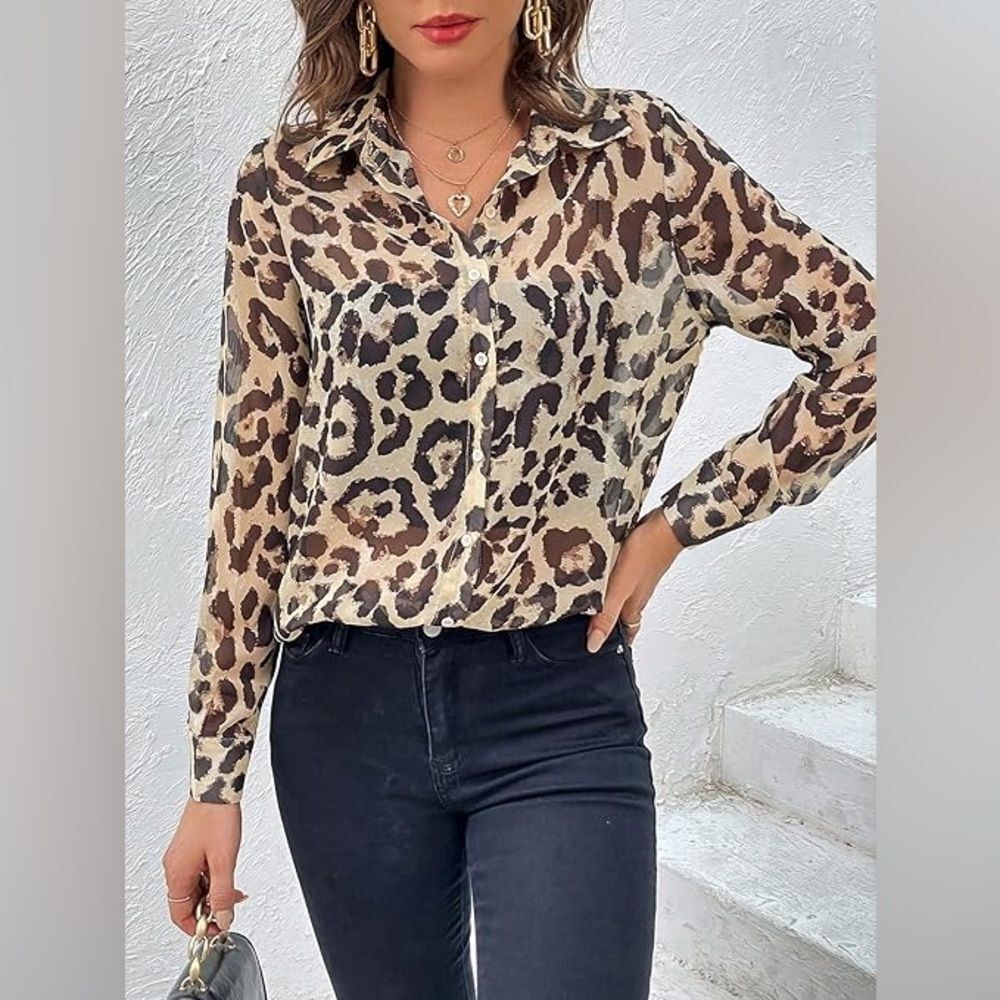 Leopard Print Sheer Button Front Blouse Tan Gold … - image 1